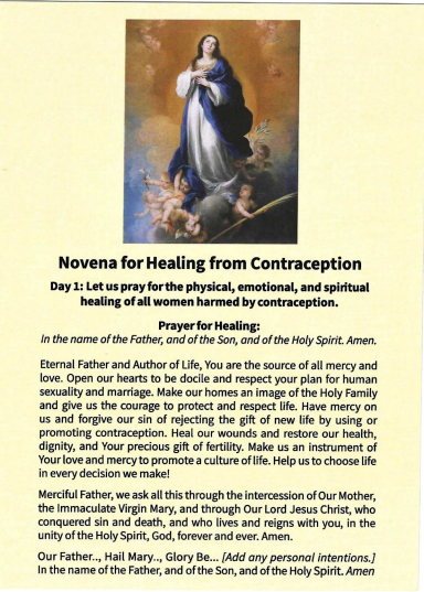 Novena for healing from contraception. Nine days of praying for emotional, physical, and spiritual healing.
The Imprimatur from archdioceses Cincinnati.